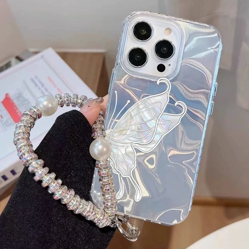 Funda con cadena enjoyada de mariposa colorida a la moda para iPhone 17 Pro Max 17 Pro Air 16E Girl, funda para teléfono con ondas de agua láser - imagen 5