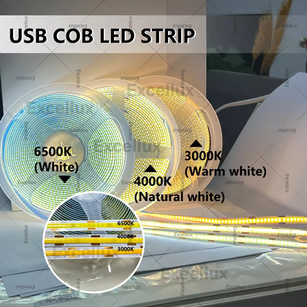 Tira de luces LED COB DC5V con cinta Flexible alimentada por USB de 320LED/m, tiras de luces COB blancas cálidas/blancas naturales, retroiluminación DIY - imagen 3