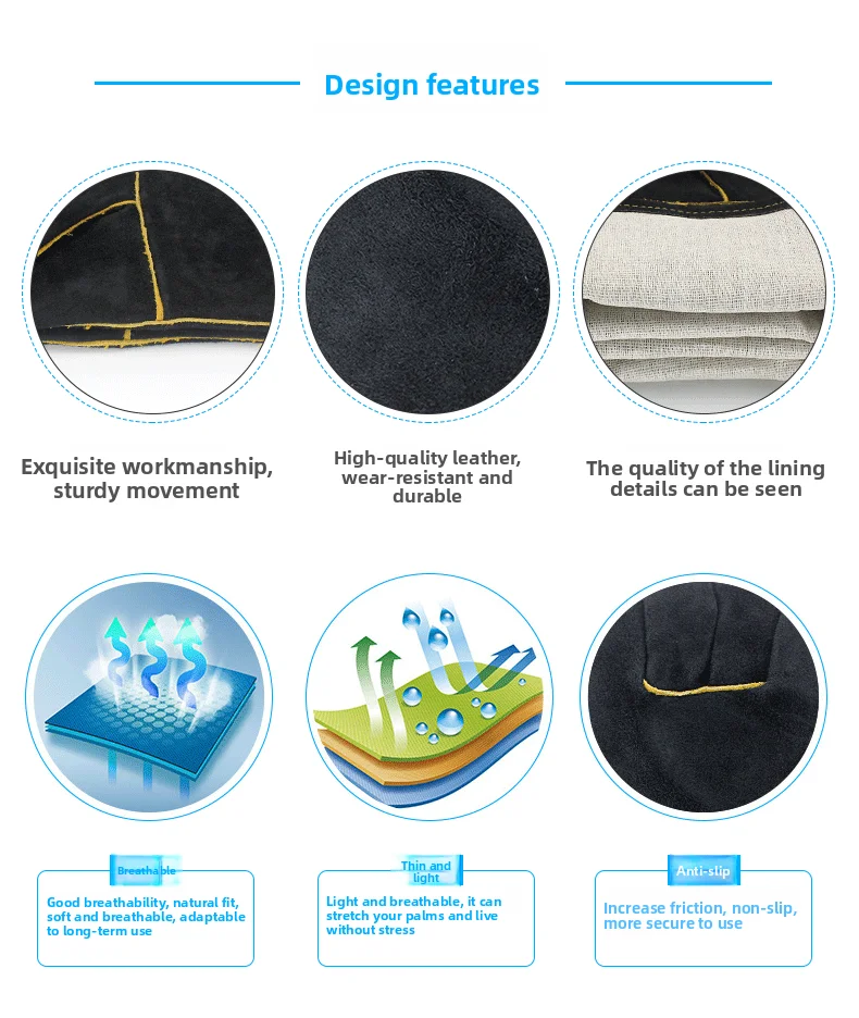 Guantes de trabajo de soldadura negros para jardinería/estufa de leña/antimordida/resistente/chimenea/barbacoa dividido de vaca resistente al calor - imagen 4