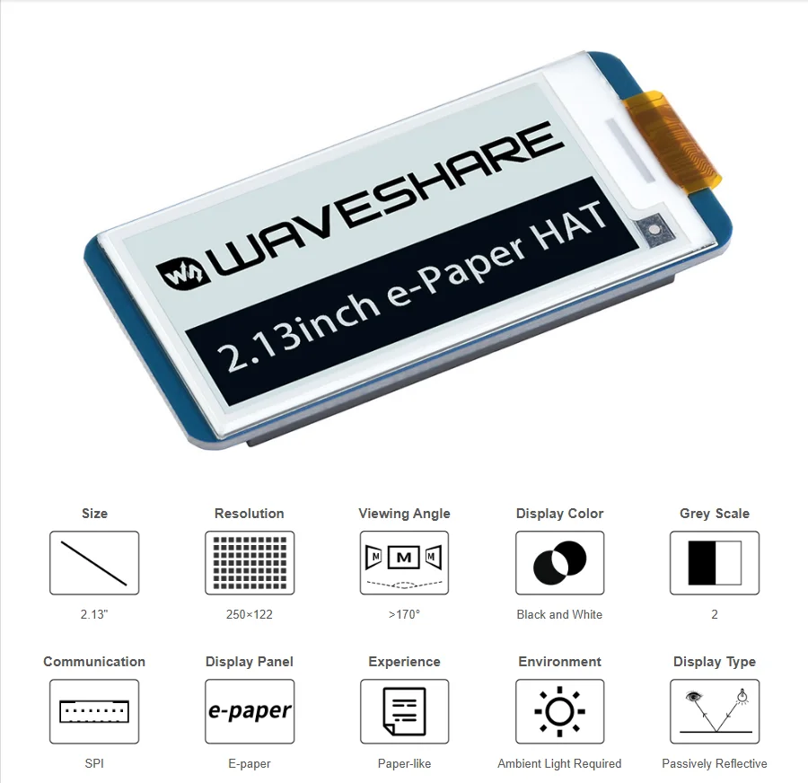 Sombrero de pantalla de tinta electrónica de 2,13 pulgadas, pantalla LCD de papel electrónico de 250x122 píxeles para Raspberry Pi 4B/3B+/3B/2B/Zero todas las series para versiones V3 o V4 - imagen 5
