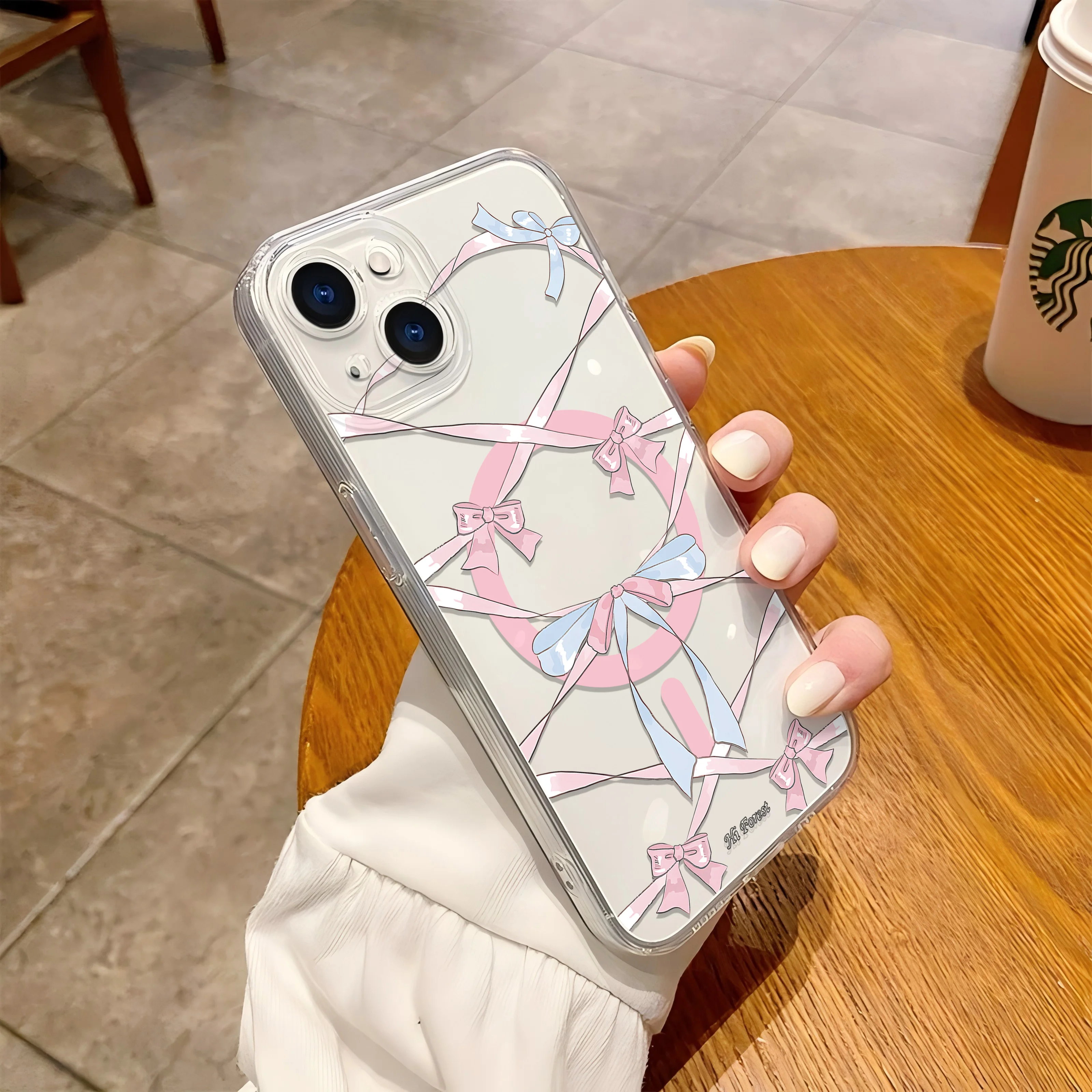 Funda de teléfono magnética Magsafe con lazo rosa y azul para IPhone 16 15 14 13 12 11 8 7 Plus Pro Max X XR XSMax, funda de Tpu transparente suave - imagen 4