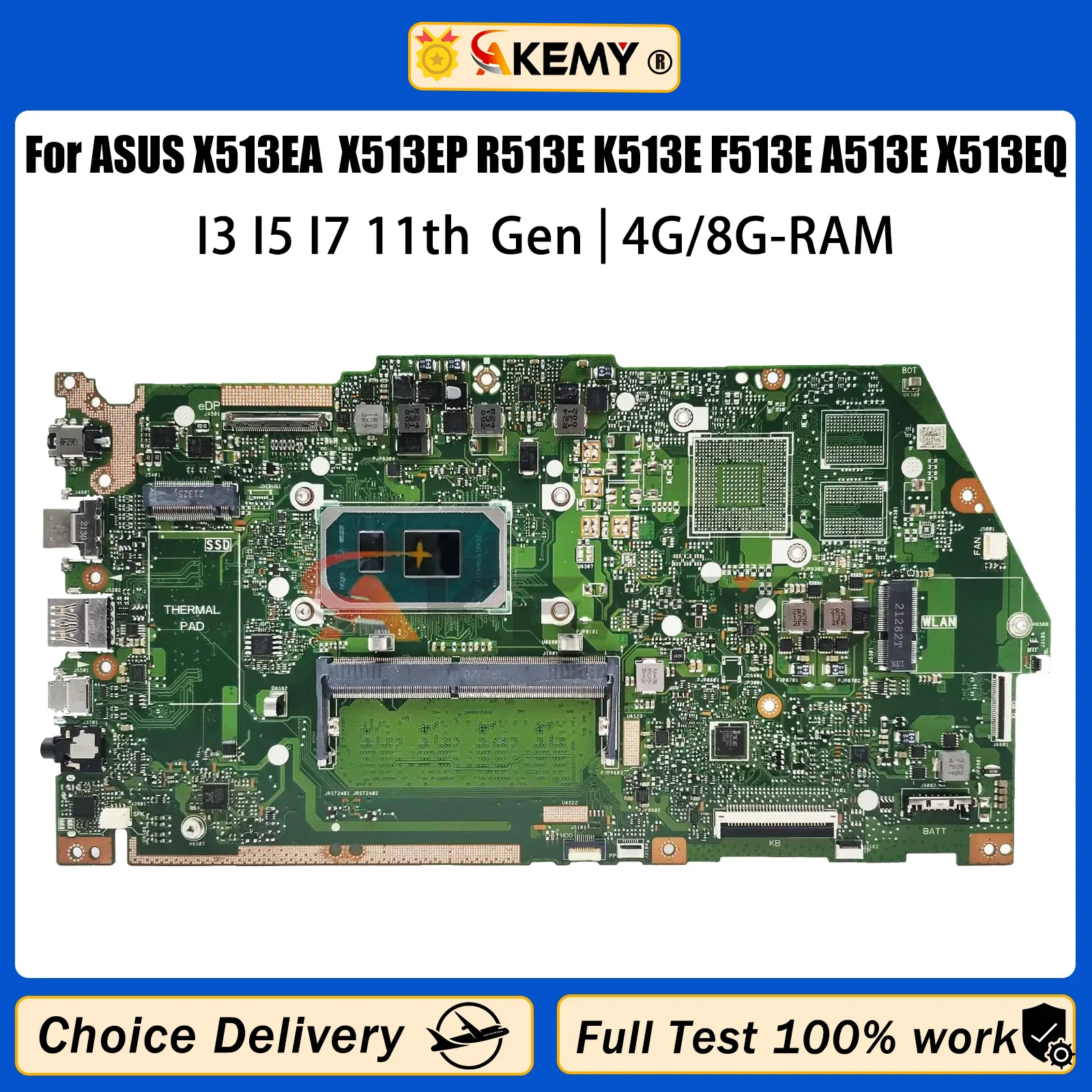 Akemy-placa base X513EA para ordenador portátil, placa base para ASUS X513EP, R513E, K513E, F513E, A513E, X513EQ, I3, I5, I7, CPU de 11. ª generación, 4GB/8 gb-ram