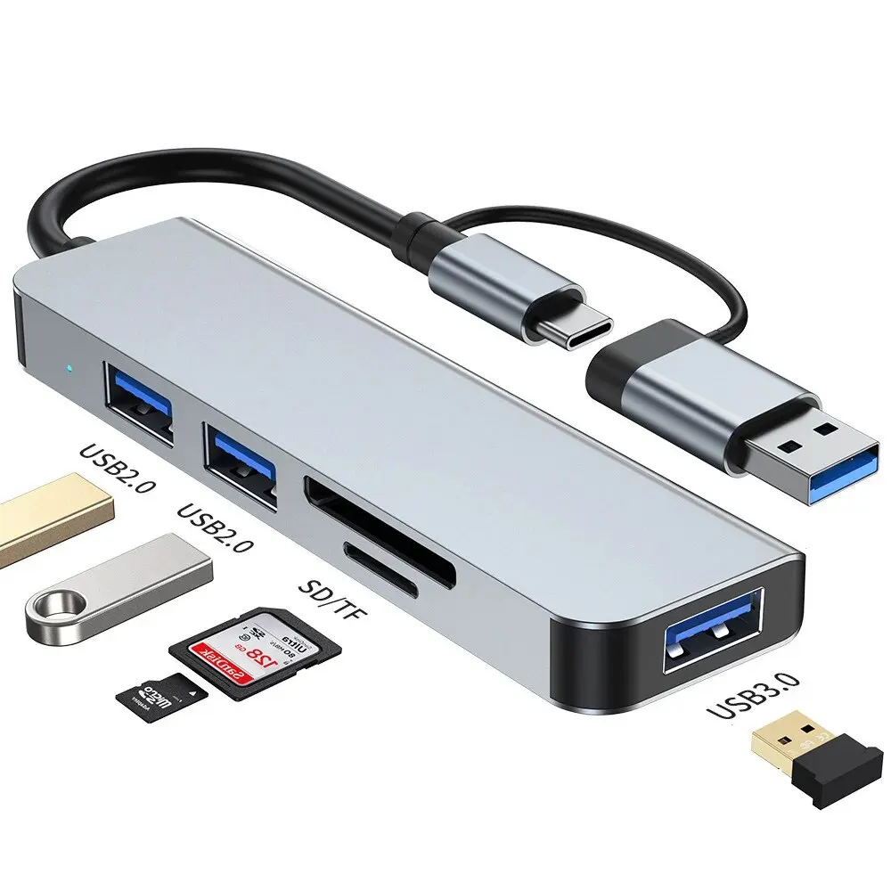 Coolcirc-Hub USB 5 en 2 tipo C, ranura para tarjeta SD/TF de doble tarjeta, USB 3,0/2,0, compatible con salida de audio, conexión de teclado y ratón - imagen 2