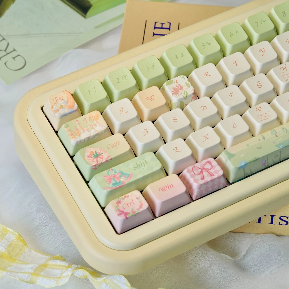 Teclas con tema de bosque y ciervo, cereza verde claro/profilo MDA, teclas de teclado mecánico personalizadas PBT, 140 teclas, bonitas teclas de hadas