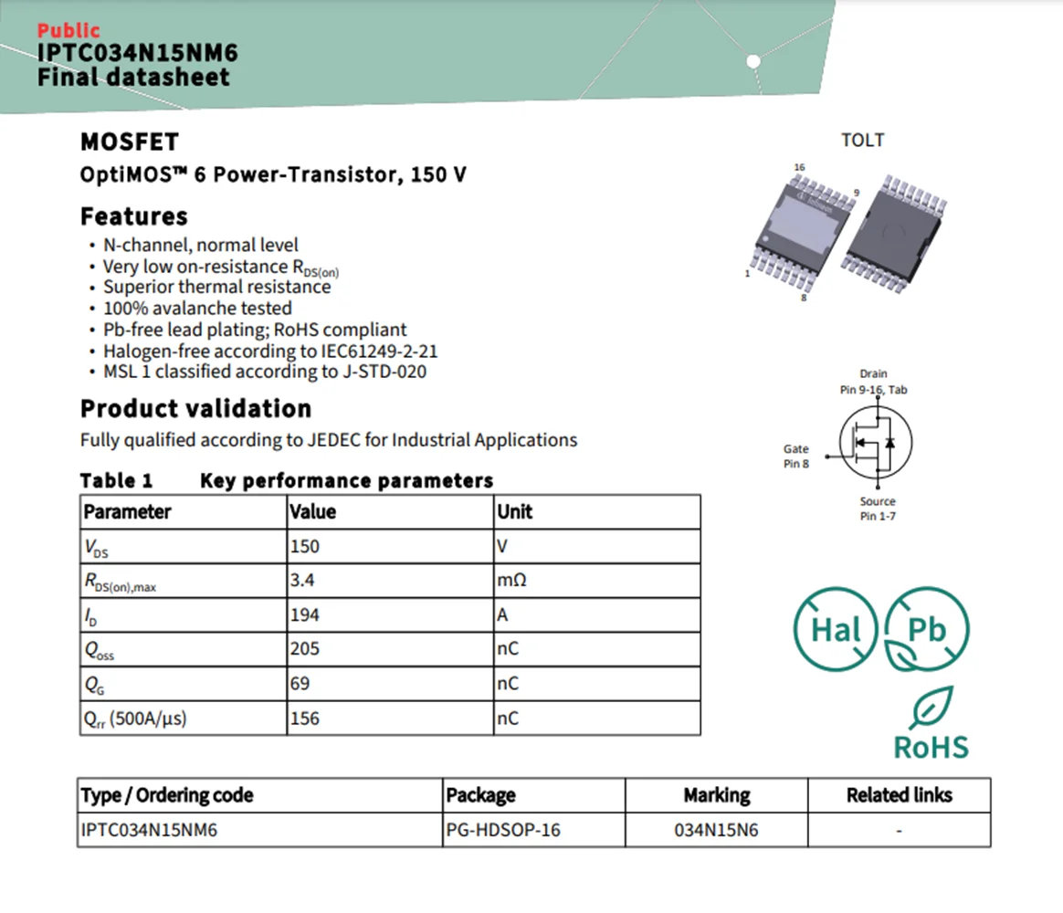 Hecho en Taiwán (10 piezas) IPTC034N15NM6 (marcado 034N15N6) HDSOP-16 MOSFET de canal N de 150 V