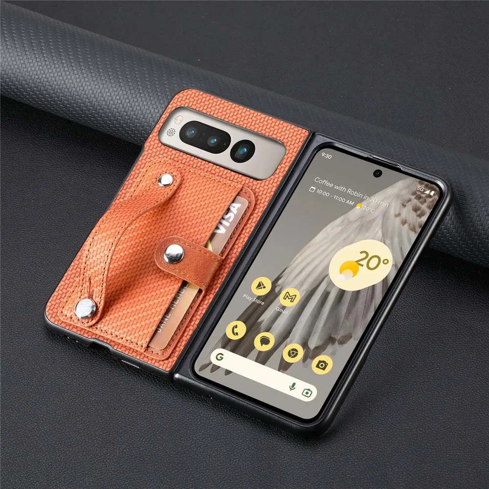 Funda plegable para Google Pixel a prueba de golpes, protector de lente, pulsera, ranura para tarjeta, soporte, carcasa de cuero PU, funda con textura de carbono
