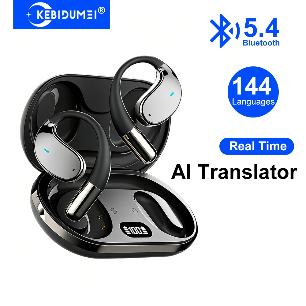 Auriculares con traductor en tiempo Real AI, compatibles con 144 idiomas, Bluetooth 5,4, auriculares con gancho para la oreja, auriculares HiFi con reducción de ruido