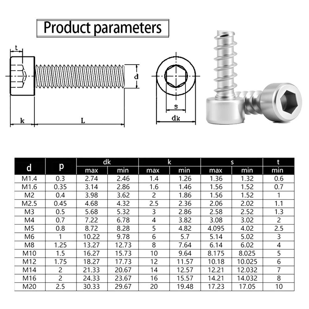 M2 M3 M3.5 M4 M5 HB 304 cabeza hueca hexagonal de acero inoxidable tornillo autorroscante cola de corte de cabeza Allen corta baja para plástico - imagen 2