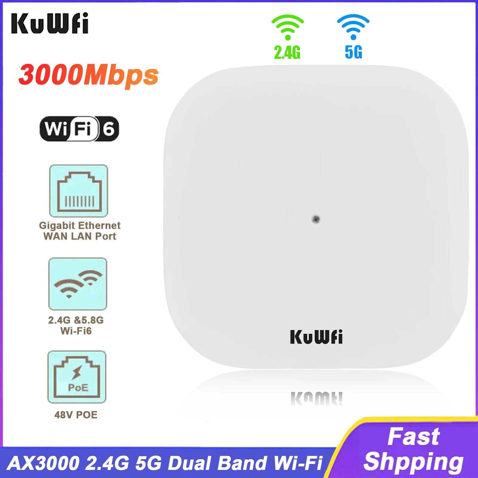 KuWfi AX3000 enrutador AP de techo 3000Mbps 2,4 GHz 5GHz enrutador Wifi6 de doble banda Gigabit Ethernet puerto LAN WAN compatible con malla POE de 48V - imagen 2