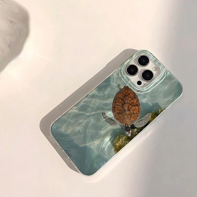 Funda de teléfono para iPhone 16 15 14 13 12 11 Pro 16E 15Pro 16Pro Max X XS Max XR SE 2 7 8 Plus Cool Turtle Seaside Pattern IMD Cover