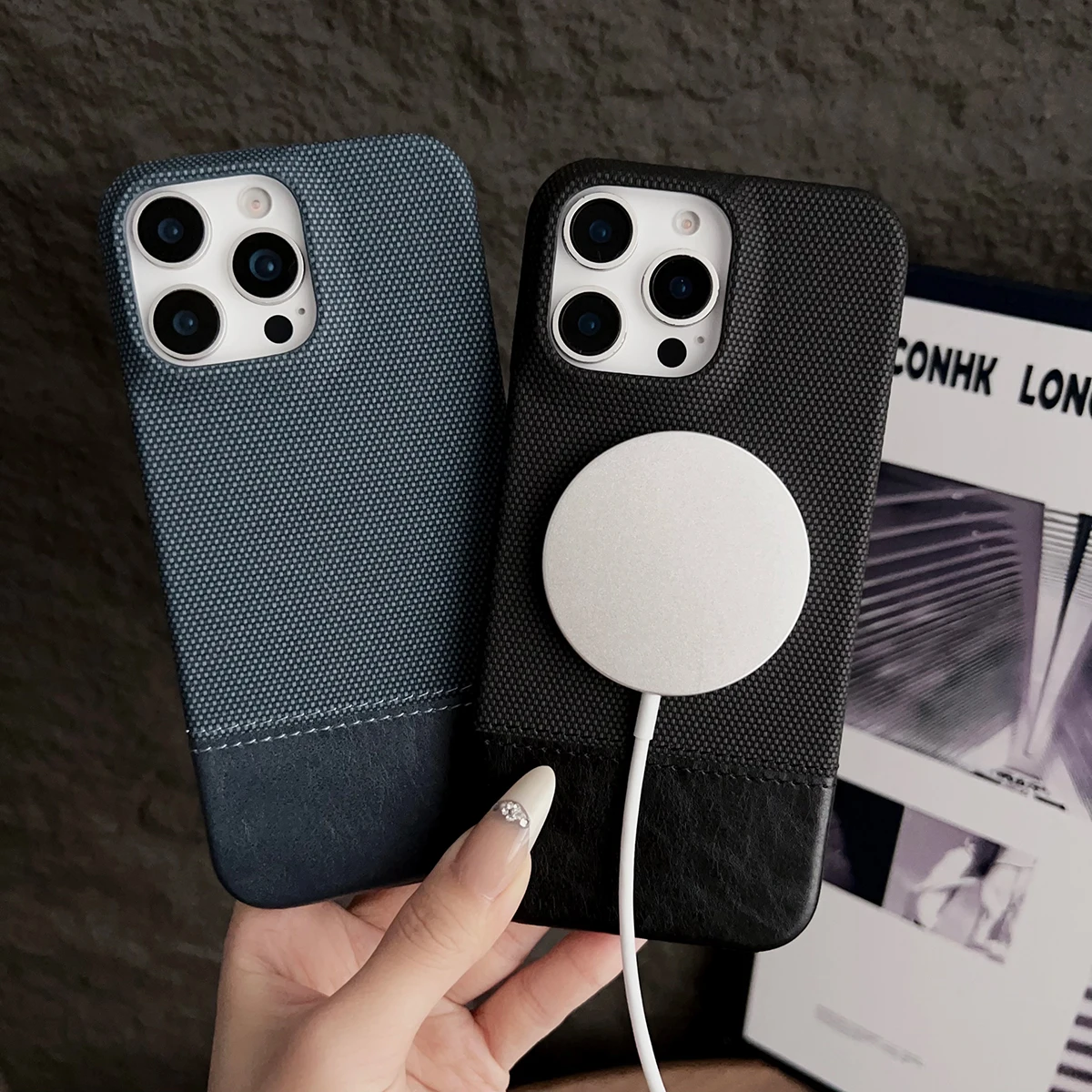 Funda magnética de cuero y tela para iPhone 16, 15, 14, 13, 12 Pro Max Plus, funda con imán de bloques de colores, Fundas antigolpes con carga segura Mag - imagen 3