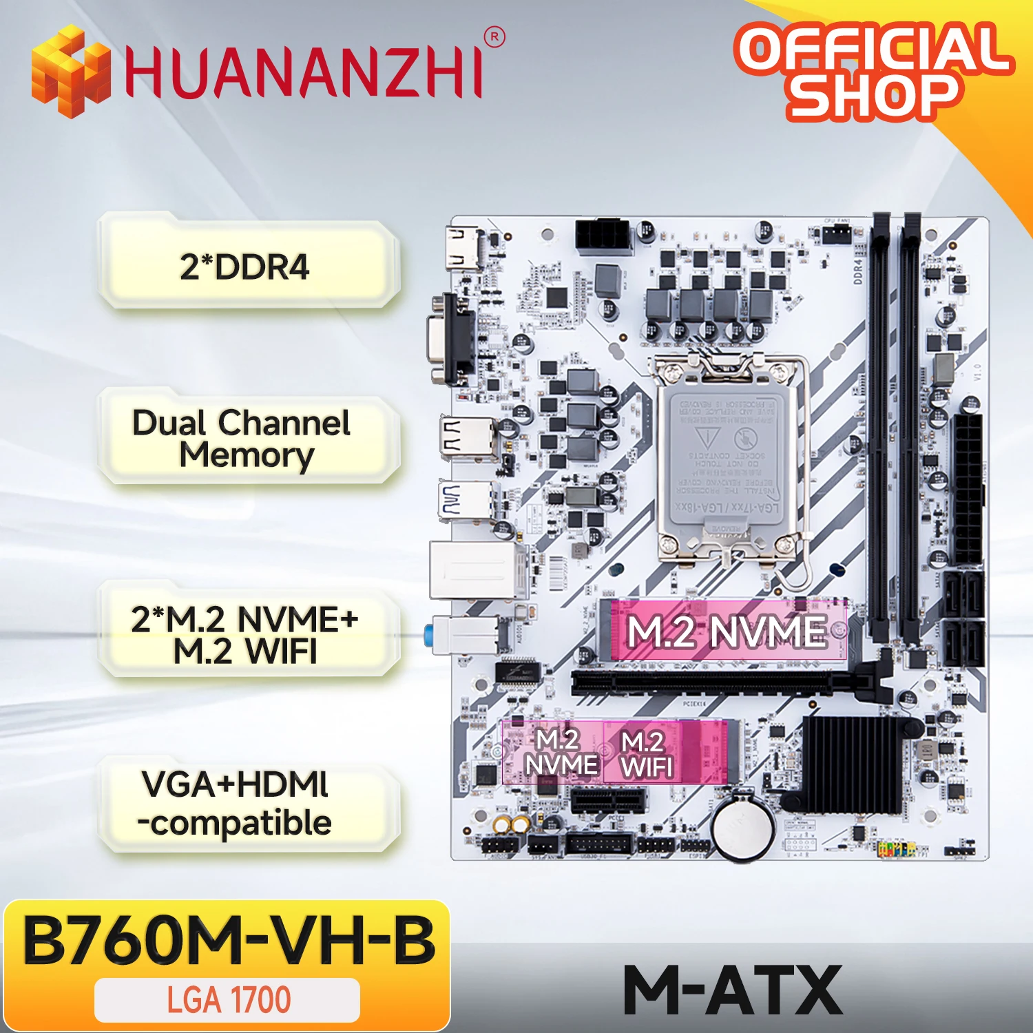 Placa base HUANANZHI B760M VH-B M-ATX DDR4 compatible con 12 13 Gen B760 Intel LGA 1700 CPU 12100F 12400F 12490F 12600F 12700F 13600F