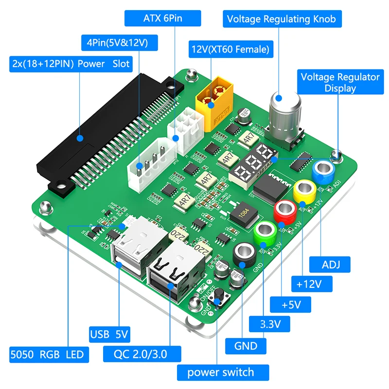 Placa de ruptura de fuente de alimentación de salida de 3,3 V/5V/12V/1,8 V-10,8 V USB 2,0 compatible con QC 2,0 QC 3,0 para fuente de alimentación Dell con perilla de voltaje ajustable - imagen 4