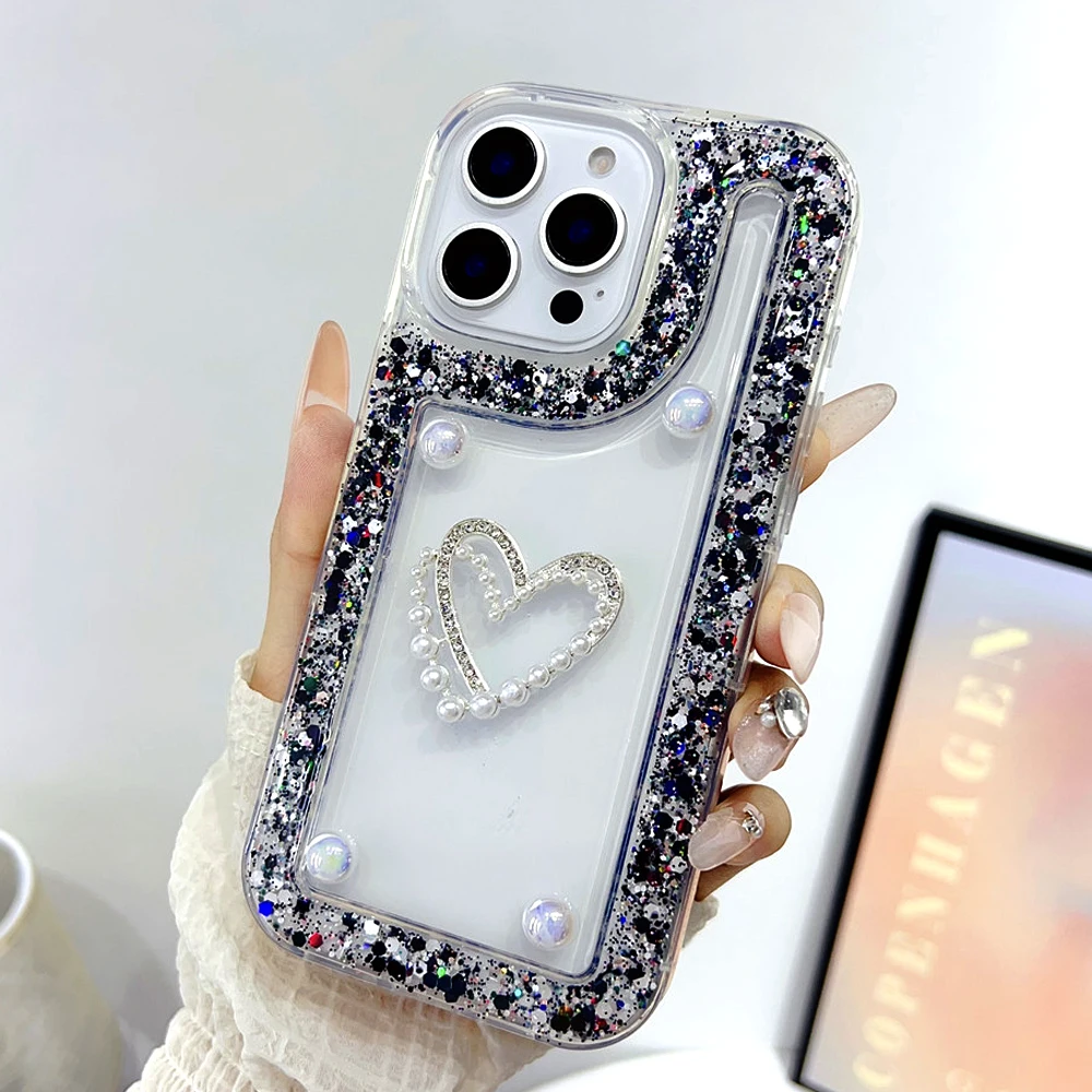 Funda de teléfono con purpurina y corazón de perla 3D para Xiaomi Redmi Note 14 13 Pro 4G 5G Plus 12 11 10 11S 10S, funda trasera de silicona suave a prueba de golpes - imagen 3