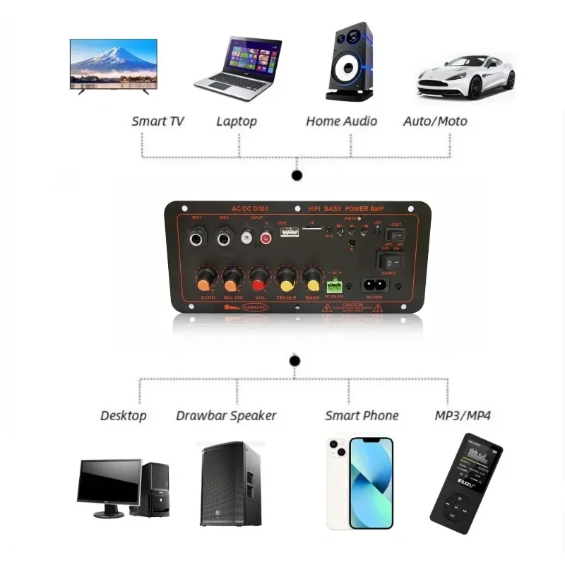 Woopker D300 Placa Amplificadora Potencia BT Micrófonos Duales USB/AUX