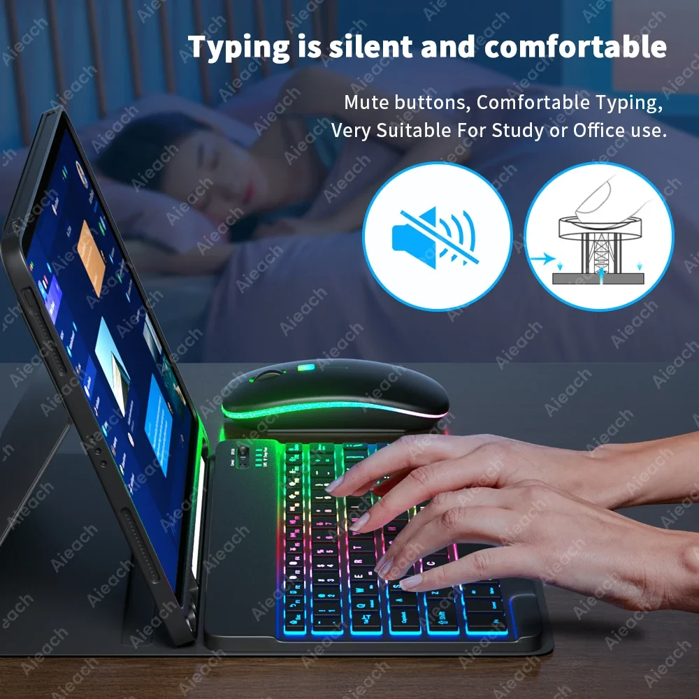 AIEACH Funda para iPad con teclado para Pro 13 M4, 12,9 3-6, 11 1-4th, Air 13/11 M2/M3, Air(4-5th), iPad 7-10th, portalápices retroiluminado - imagen 4