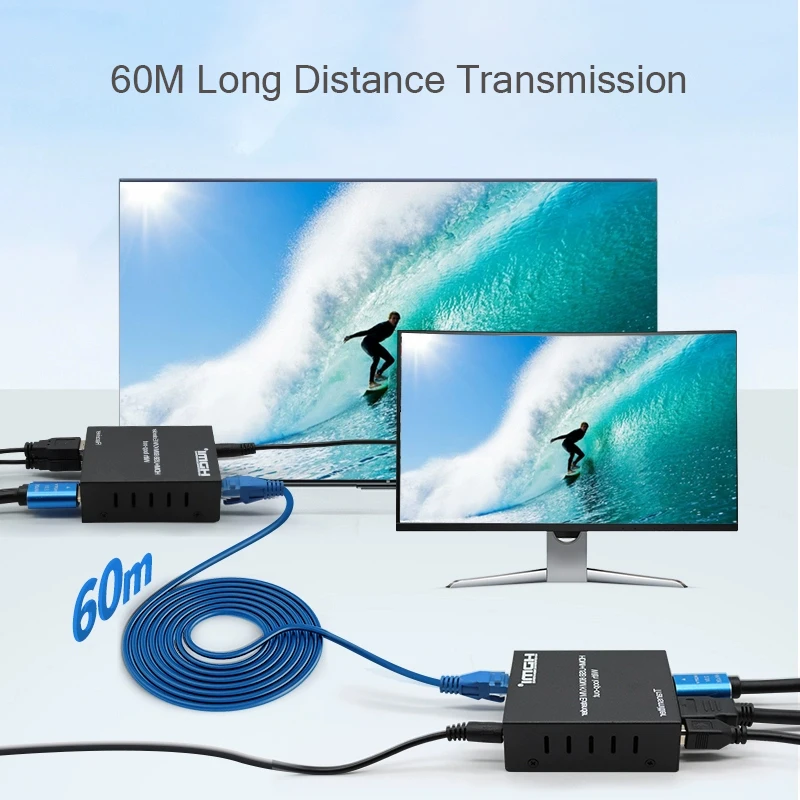 Extensor KVM HDMI USB de 60M sobre Ethernet Cat5e/6 Cable 1080P HDMI KVM Rj45 extensor bucle soporte ratón teclado para PV NVR - imagen 2