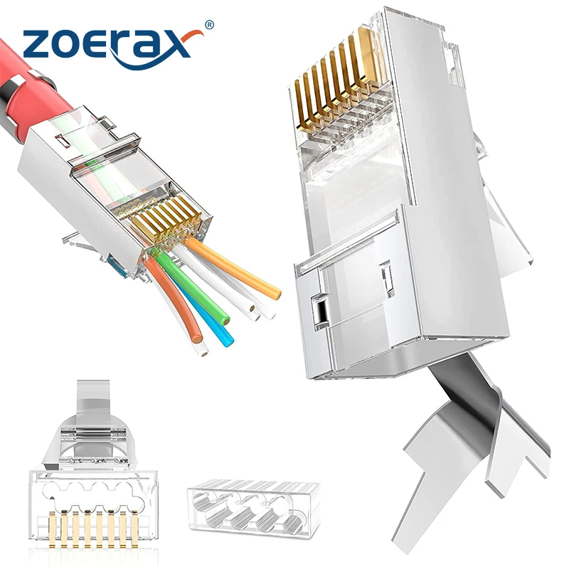 ZoeRax 30 Uds RJ45 Cat8 Cat7 y Cat6A conectores de paso 8P8C 50UM chapado en oro blindado FTP/STP |   Enchufe Modular de Red RJ45 - imagen 2