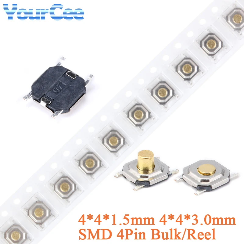 50 Uds 4*4*1,5 MM 4*4*3MM interruptor de botón SMD 4X4X1,5/3MM 4 pines SMD SMT botón táctil Micro interruptor carrete de cobre momentáneo a granel