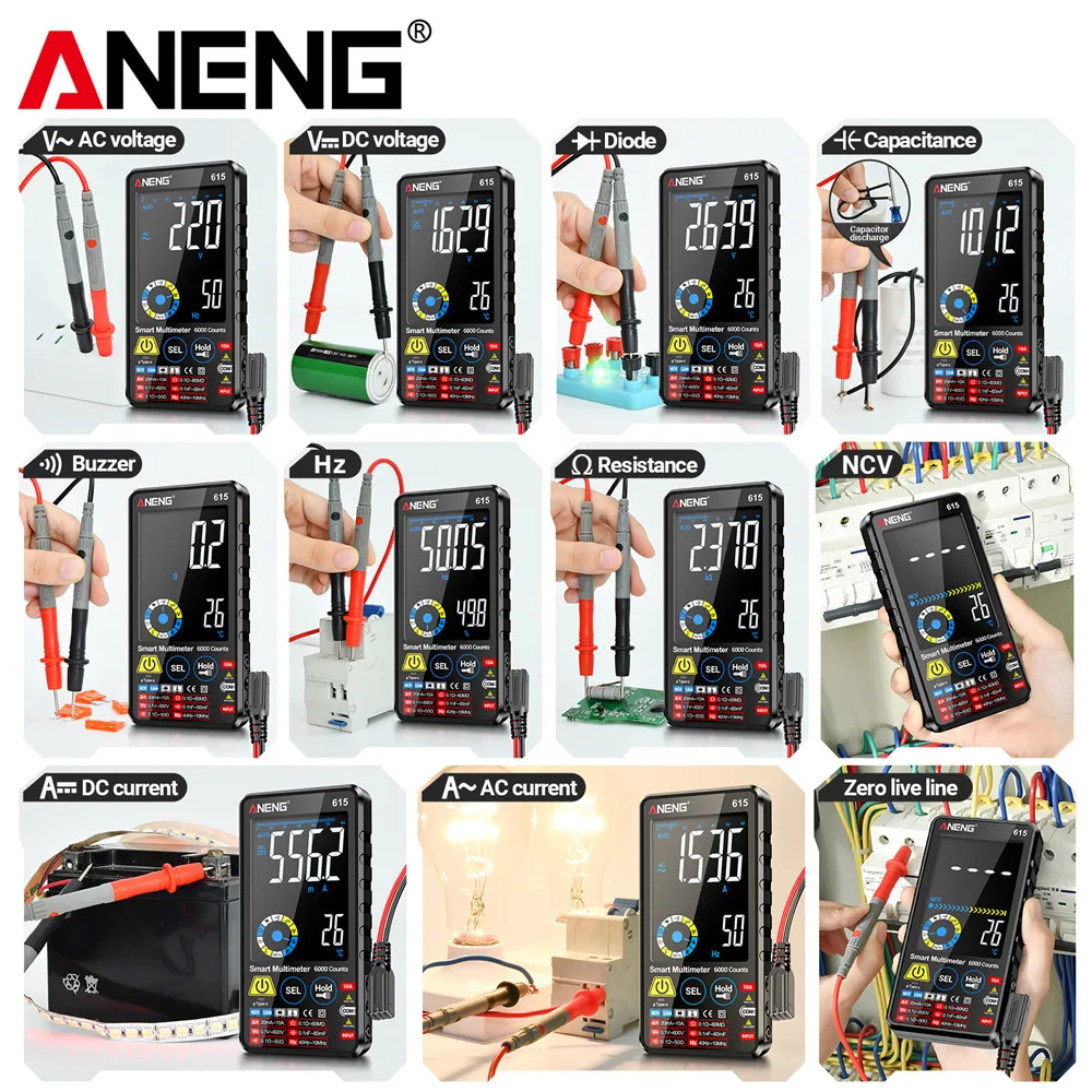 Multímetro de pantalla táctil ANENG 615 Digital inteligente AC/DC resistencia de voltaje de corriente condensador NCV diodo de carga multímetro probador - imagen 5