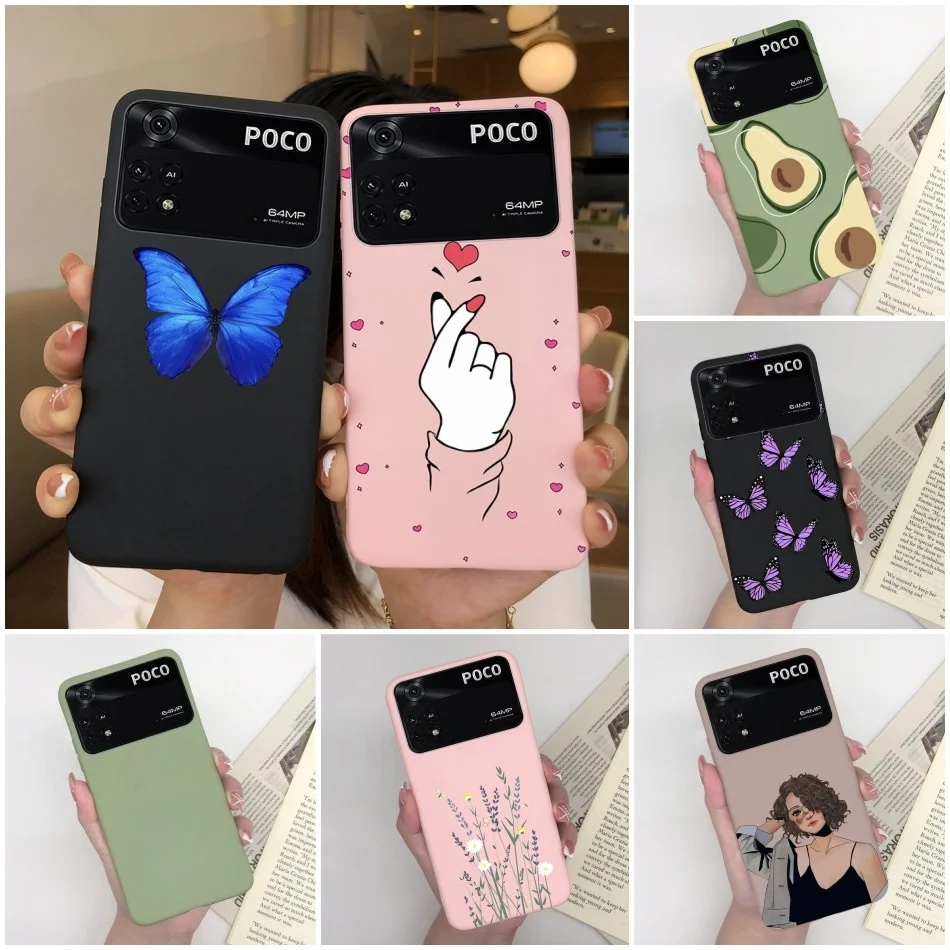 Funda trasera de silicona suave para teléfono móvil, carcasa protectora mate para Poco M4 Pro 4G 5G, corazón bonito, mariposa, flor