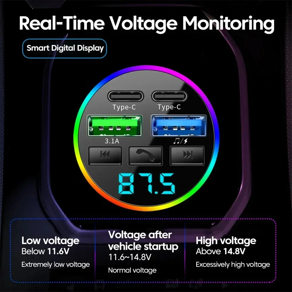 Encendedor de cigarrillos con pantalla Digital, cargador de coche, USB Dual tipo C, multifuncional, Bluetooth, transmisor FM, receptor, reproductor MP3 - imagen 3