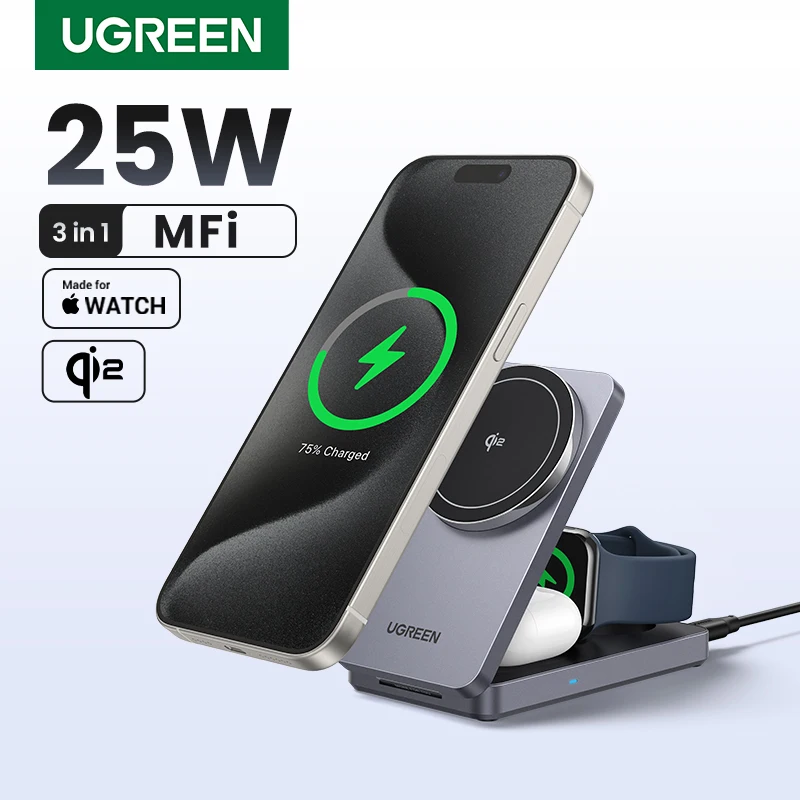 UGREEN-cargador inalámbrico magnético 3 en 1 MFi 15W MAX, soporte de carga Qi2 para iPhone 16 17 Pro Max, cargador rápido MagSafe