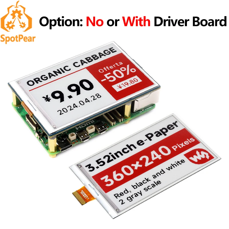 Opción: No o con placa controladora 3,52 pulgadas e papel tinta HAT B pantalla roja/negra/blanca para Arduino /Raspberry Pi /Jetson