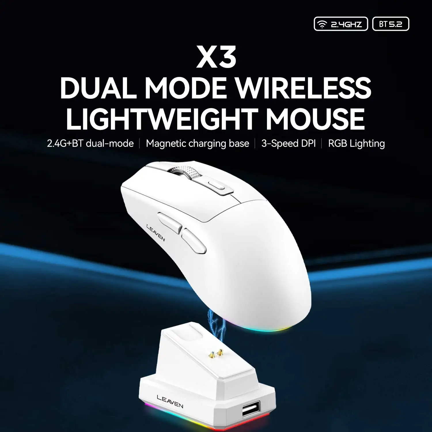 Ratón inalámbrico Bluetooth X3, conexión de modo Dual de 2,4G, DPI ajustable, ratón ligero para juegos, luz RGB, capacidad de batería de 300mAh
