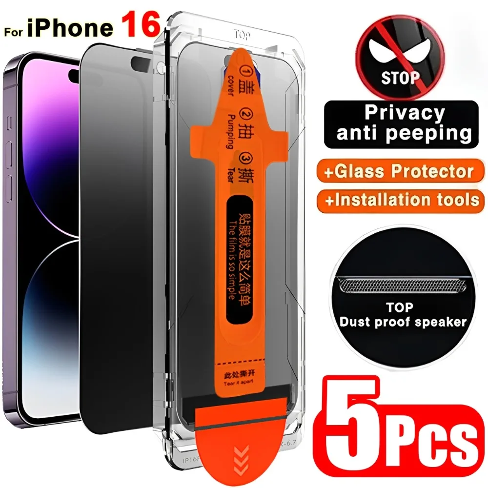 1/3/5 Uds para iPhone 16 Pro Max/16 Pro/16 Plus/16 instalación sin polvo antiespía Protector de pantalla de privacidad película de vidrio templado HD