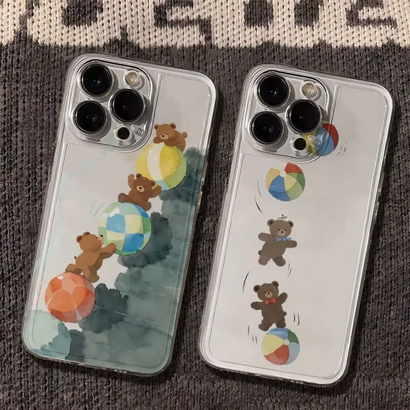 Funda de teléfono con diseño de osito y bola de juguete colorida para iPhone 17 16 15 14 13 12 11 Pro Max XS Max XS XR X Mini cubierta dura de dibujos animados