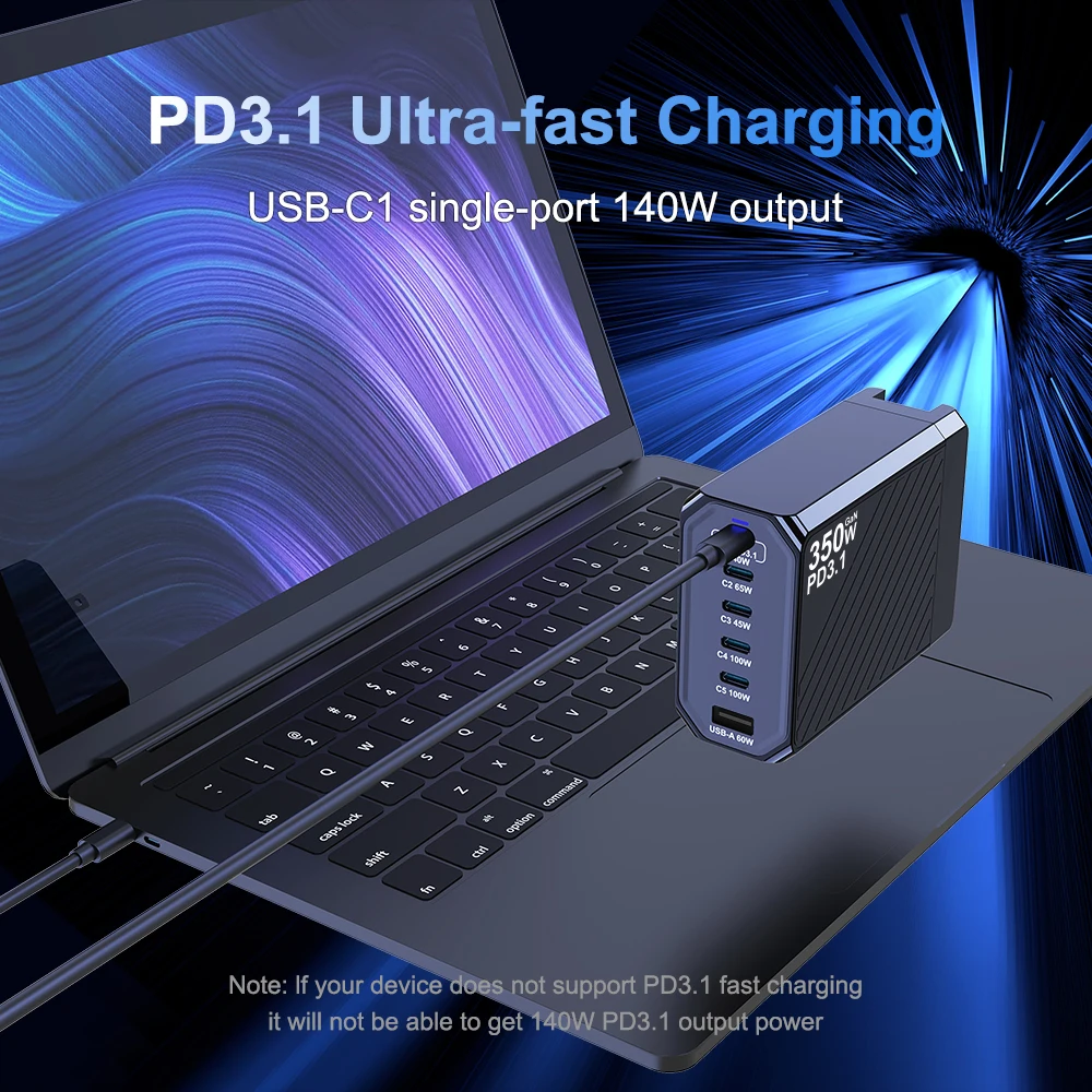 Cargador PD3.1 de 350W, estación de carga rápida de escritorio GaN3, adaptador de corriente USB tipo C PD PPS de 140W para MacBook Pro de 16 pulgadas, Samsung iPhone 15 - imagen 5