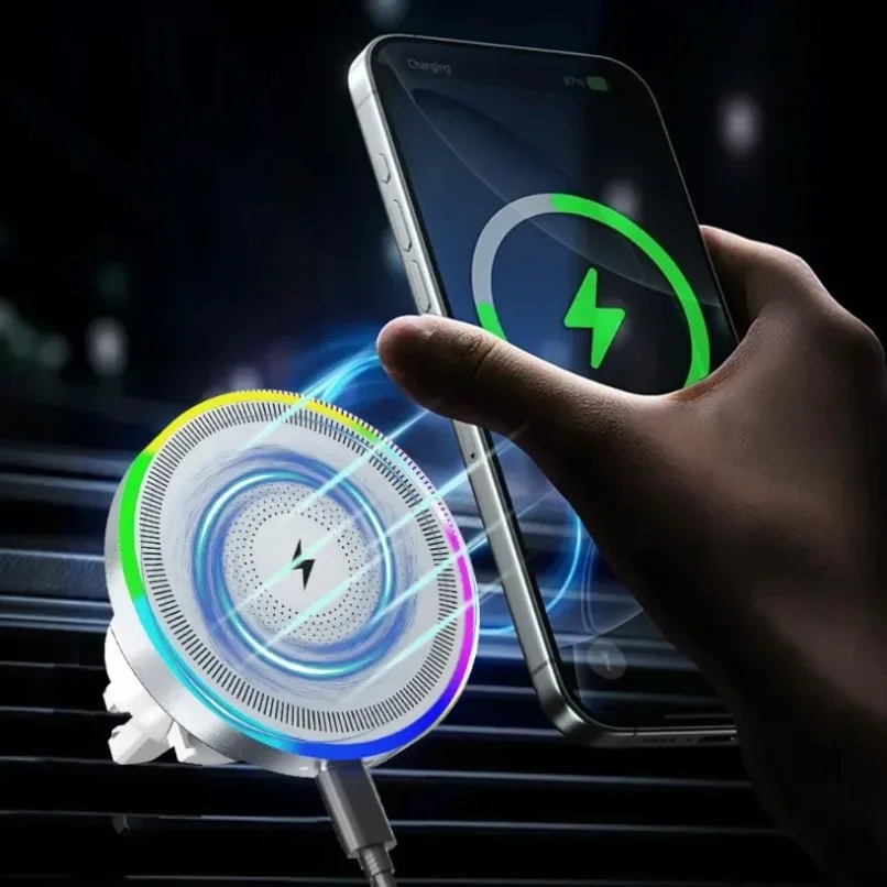 Cargador inalámbrico magnético para coche, soporte para salida de aire, Clip, soporte para teléfono, luz RGB para iPhone 16, 15, 14, 13, 12 Pro Max, carga rápida - imagen 2