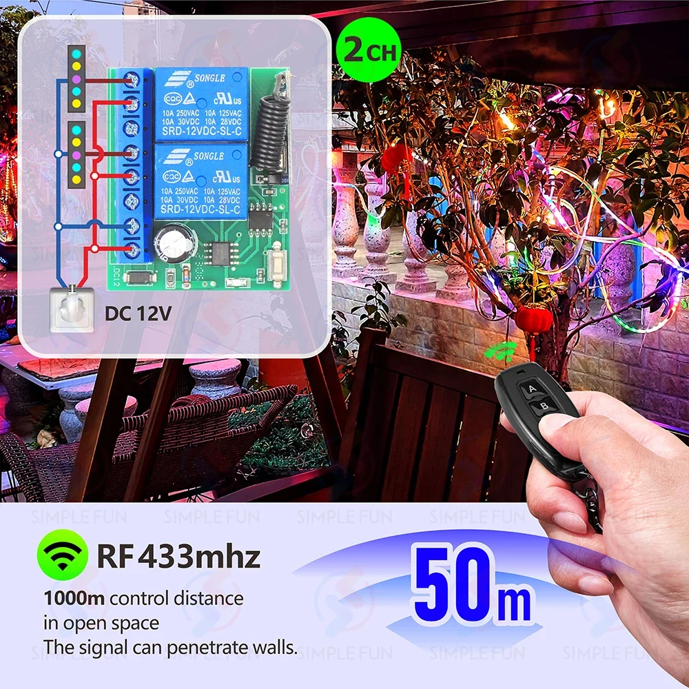 Interruptor de Control remoto inalámbrico Universal, 433MHz, CC de 12V, 2 canales, relé de luz de Motor, transmisor de código de aprendizaje para luz/puerta/Motor/DIY - imagen 3
