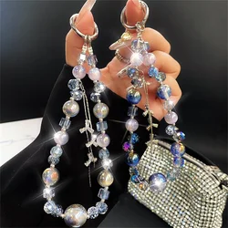 Llavero móvil de lujo con borla brillante y cuentas tipo diamante