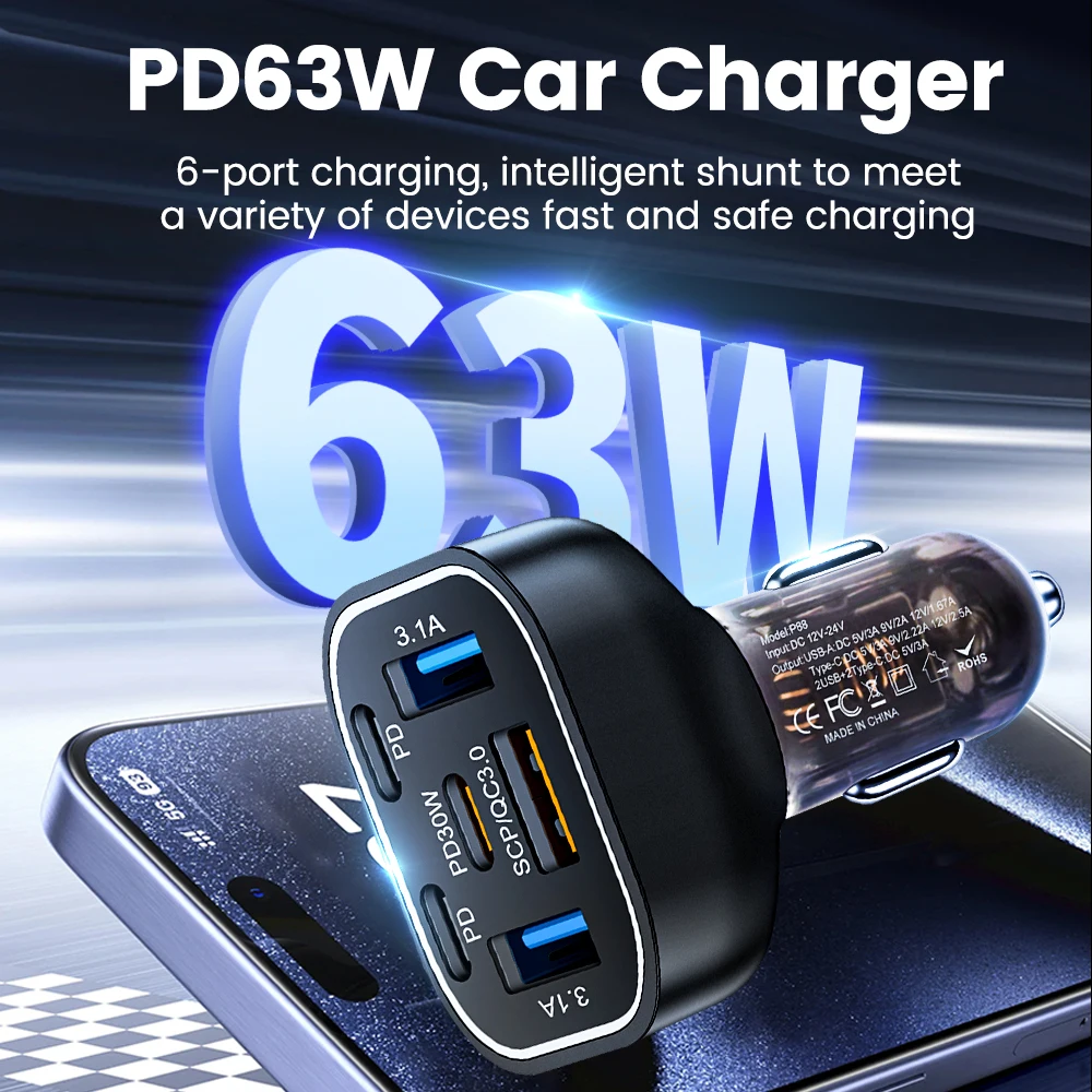 Cargador de coche USB de 63W, encendedor de carga rápida QC3.0 para iPhone, 6 puertos PD 3,0 tipo C, cargador de teléfono para coche para Xiaomi, Samsung y Huawei - imagen 4