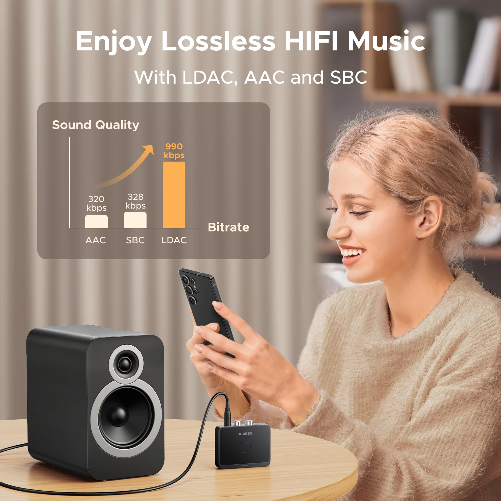 Receptor Bluetooth UGREEN AUX LDAC AAC Hi-Fi 3,5mm Jack 2RCA RCA Audio Bluetooth 6,0 adaptador receptores 15h para altavoz de coche PC - imagen 2