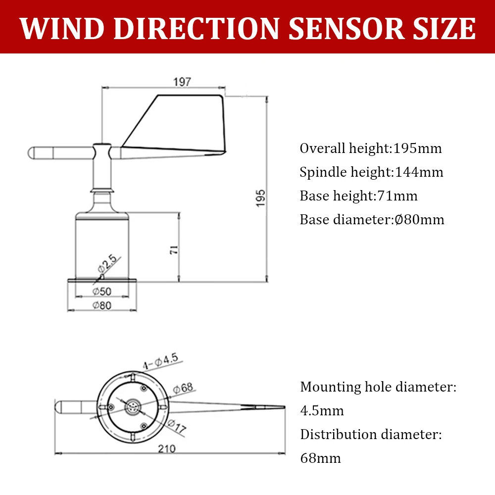 Estación meteorológica de 30 m/s para exteriores, Sensor anemómetro de 3 tazas, fibra de policarbonato, velocidad del viento, Sensor de dirección del viento, salida RS485 4-20MA 0-5V - imagen 4