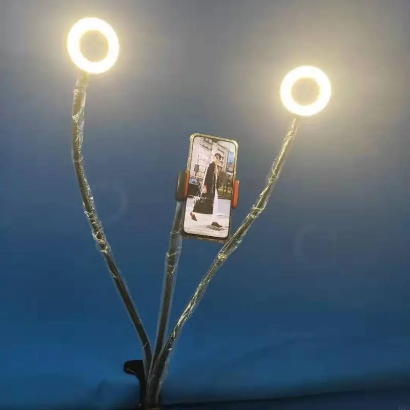 462e abrazaderas dobles en anillos selfie luz con soporte teléfono y brazo flexible fácil usar - imagen 3