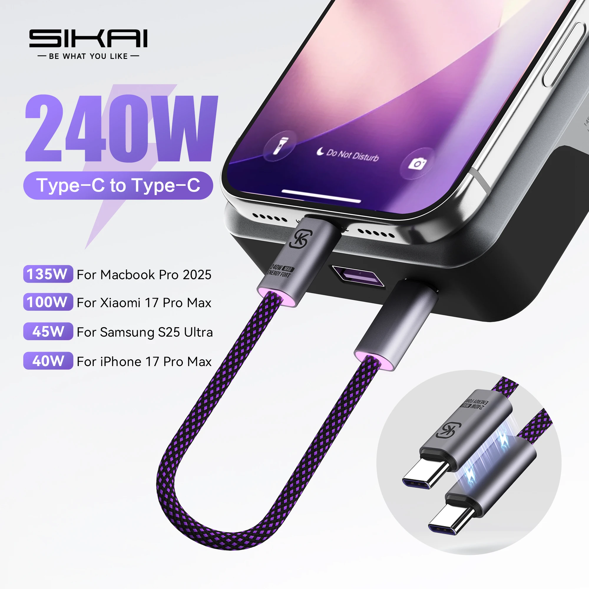 Cable USB C magnético Cable corto tipo C PD240W Cable de carga rápida 480Mbps Cable cargador de transferencia de datos organizador de cables para iPhone - imagen 2