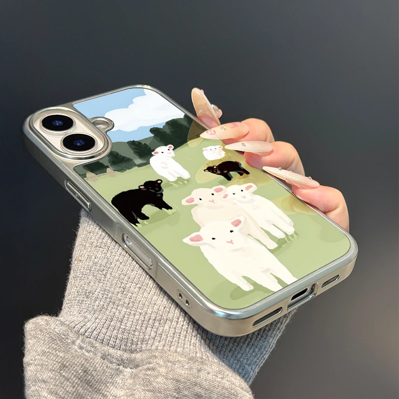 Funda de teléfono anticaída de TPU epoxi con borde plateado de ovejas blancas y ovejas negras para iPhone XR/11/12/13/14/15/16/17 Pro Max - imagen 4