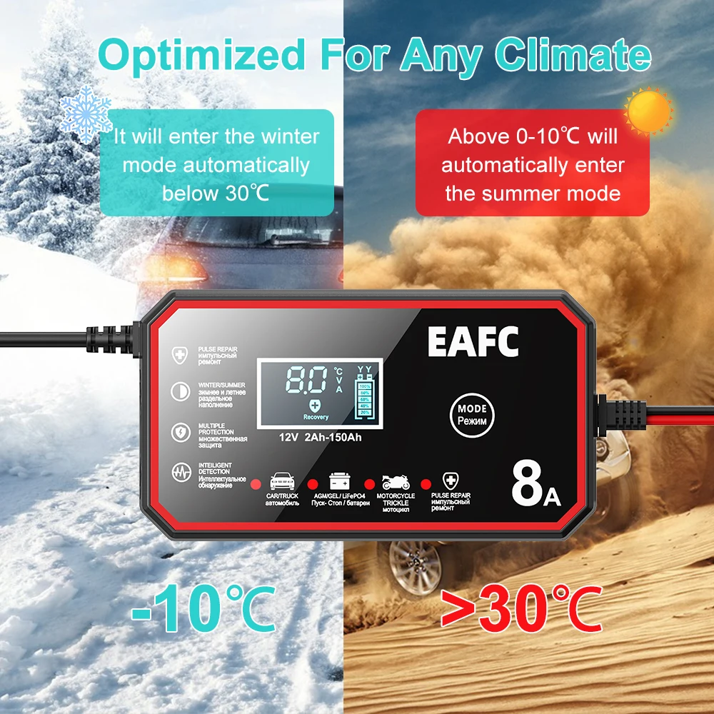 Cargador de batería inteligente de 12V y 8A, carga de reparación de pulso automática LCD para cargador de batería de motocicleta y coche, batería de plomo-ácido - imagen 4