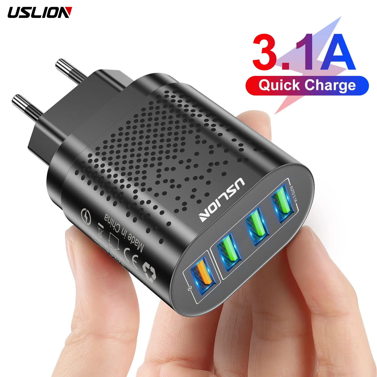 USLION-cargador USB de 48W, dispositivo de carga rápida QC 3,0, de pared, para iPhone, Samsung, Xiaomi, teléfono móvil, 4 puertos, adaptador de enchufe europeo y estadounidense, de viaje - imagen 2