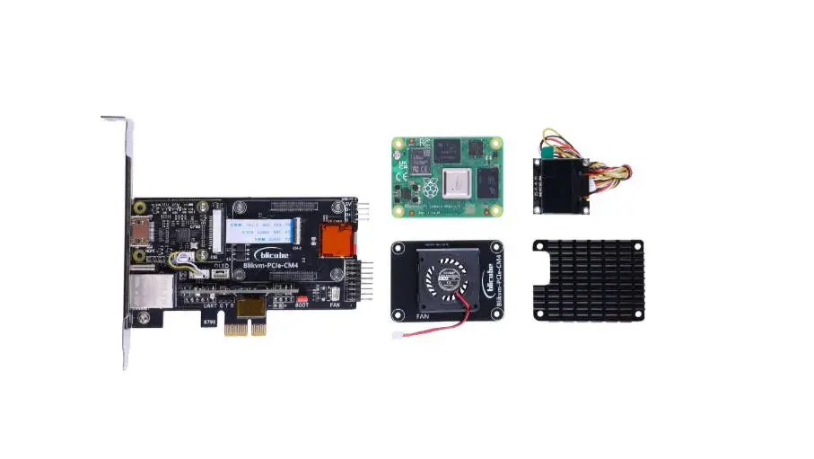 BliKVM Plug-n-Play PCIe- Raspberry Pi CM4, KVM-over-IP, CM4102000 incluido, fácil de usar, salida de vídeo 1920×1080@60 Hz, pantalla OLED