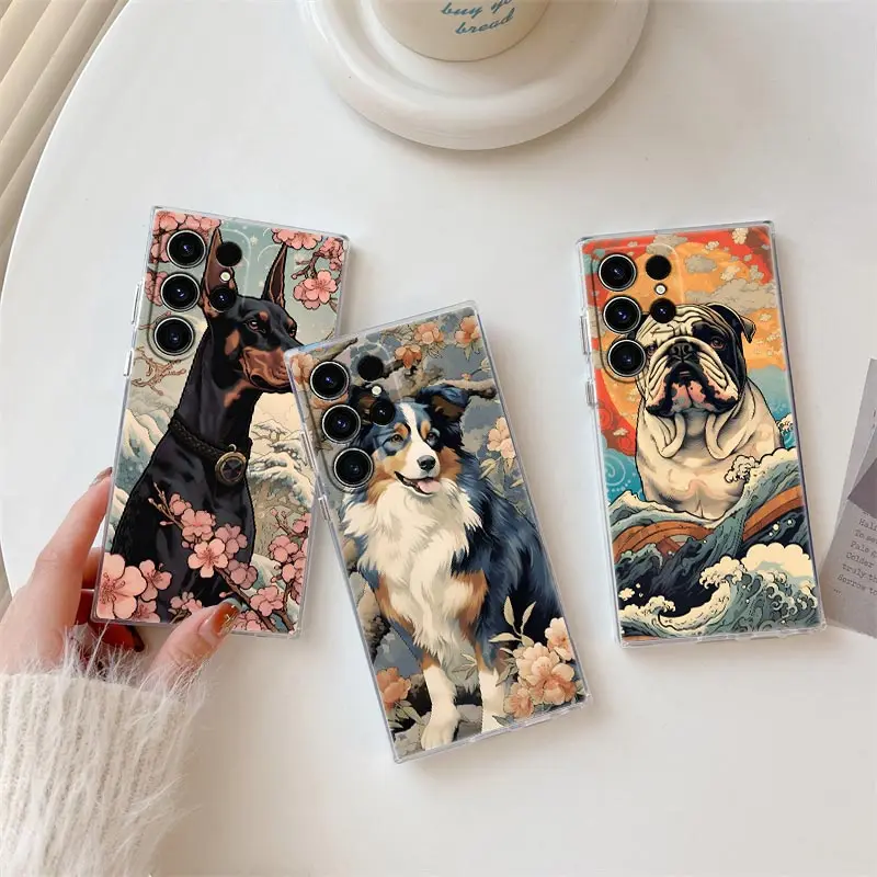 Funda de teléfono estilo perro pastor Bulldog ukiyo-e, carcasa transparente para Samsung S24, S23 Ultra, 5G, S22, S20, S10 Plus, S21 FE, Galaxy S24