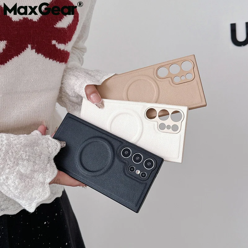 Funda magnética de carga inalámbrica de cuero TPU de lujo para Samsung Galaxy S25 S24 S23 Ultra Plus, funda protectora para cámara