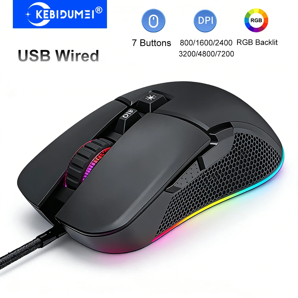 KEBIDUMEI-ratón Macro con cable, ratón para juegos de 7200DPI, 13 RGB, 7 botones, ergonómico, Plug and Play, para Android, Windows, MacOS