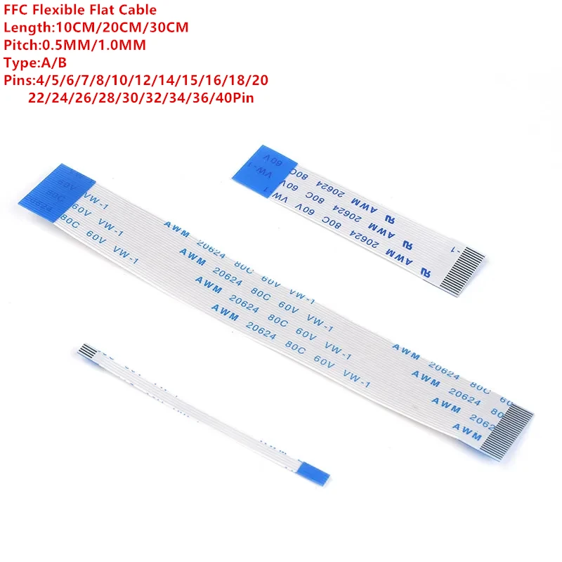 Cable plano Flexible de 10 piezas, FFC FPC AWM 20624, 80C, 60V, VW-1, 1,0 MM, 4/5/6/8/10/12/14/16/18/20/24/26/pin 30/32