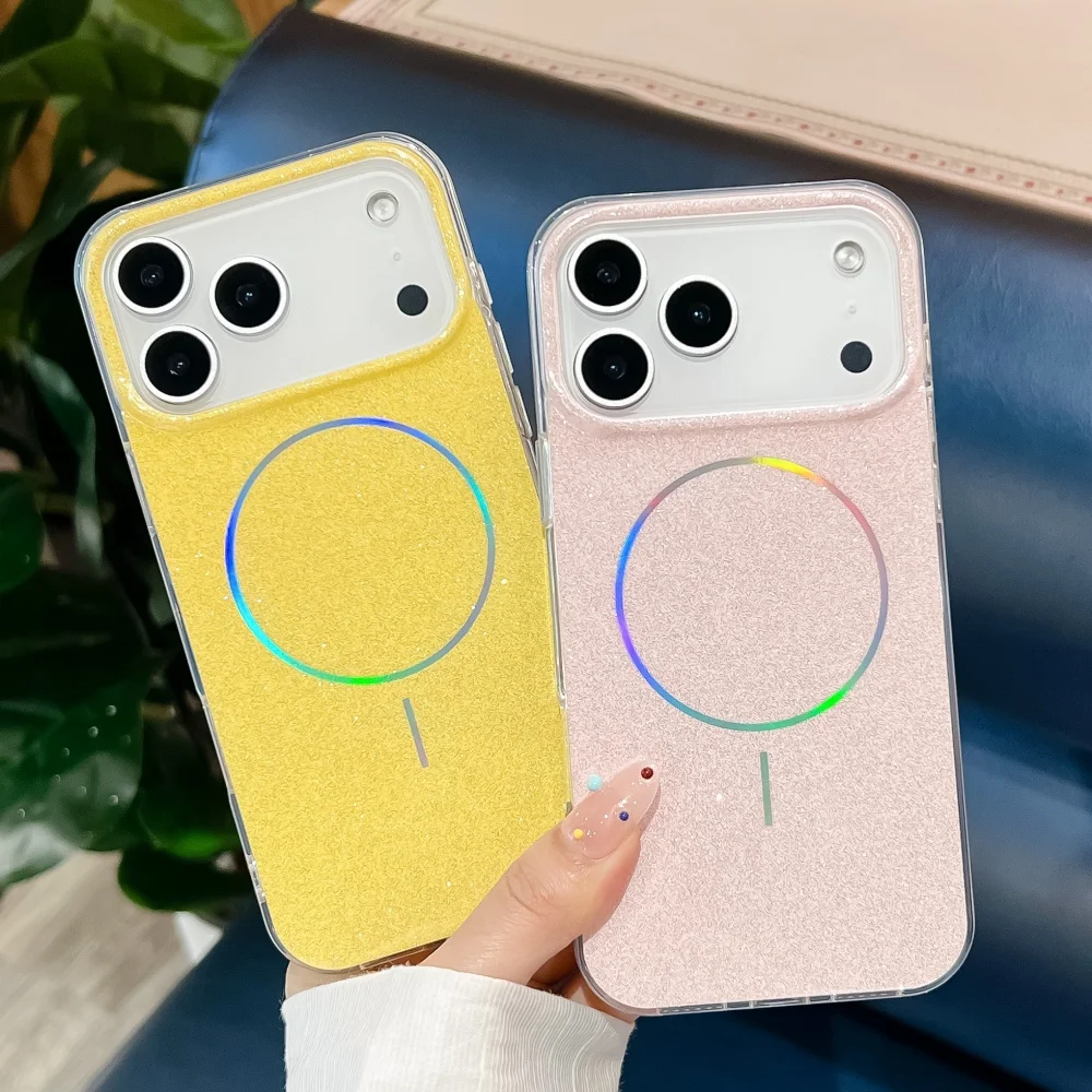 Funda de teléfono Magsafe con purpurina láser de lujo para iPhone 17 Air 16 15 14 Plus 13 Pro Max, cubierta de cristal brillante a prueba de golpes - imagen 3