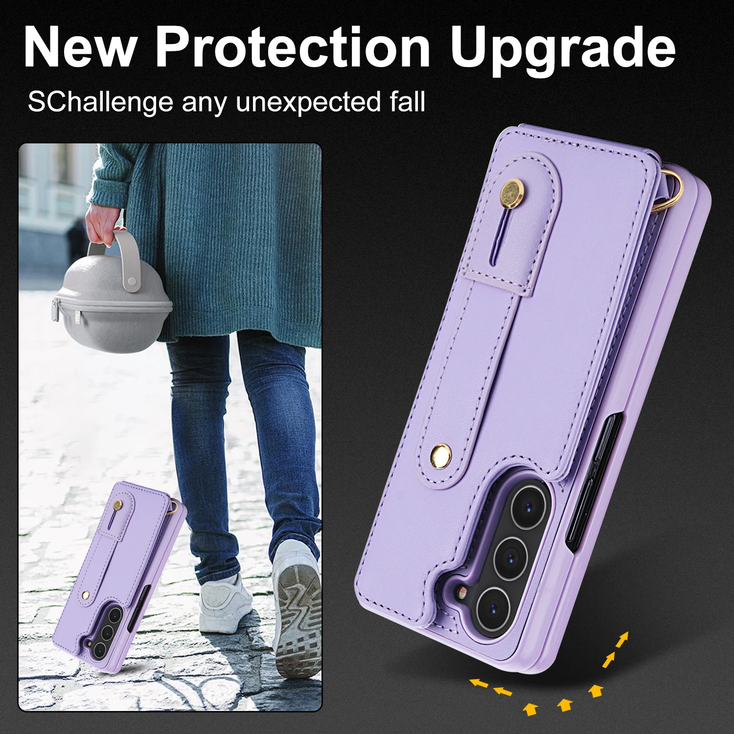 Funda de cuero tipo billetera con pulsera cruzada para Samsung Galaxy Z Fold 7 6 5 4 5G, funda con diseño de muñeca con doble botón magnético y ranura para tarjetas - imagen 3